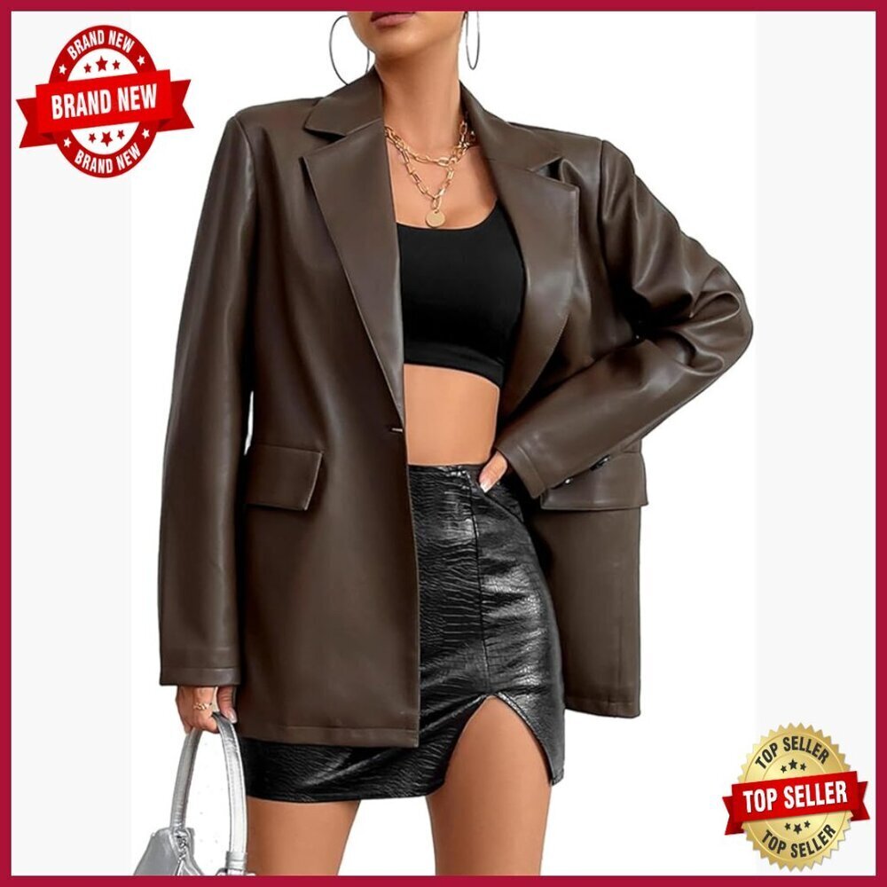 Faux Leather Blazer Jacket Moto Biker Coat Long Sleeves Button Slim Fit